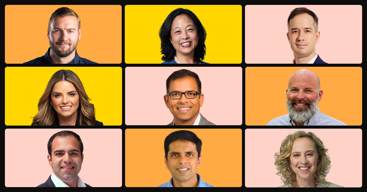 Nine headshots of diverse individuals against colorful backgrounds, showcasing smiles and professional attire.